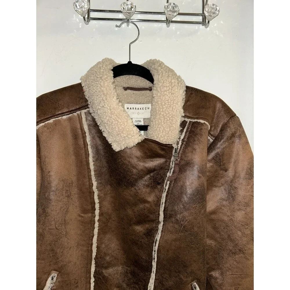 Marrakech Marissa Sherpa Lined Brown Full Zip Boho Western Moto Jacket Size XL - Picture 3 of 8